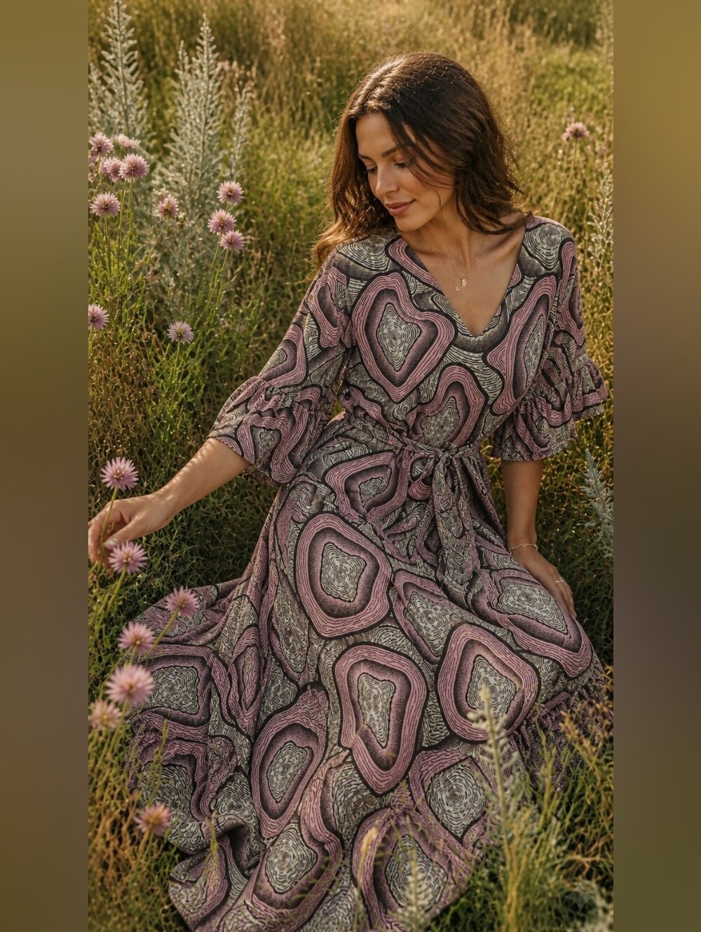 Handmade Cotton Pink Swirl Print Maxi Dress with Tie Waist Front Or Back OS